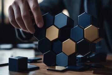 Poster - Close-up of a hand arranging dark and gold hexagonal puzzle pieces on a wooden table.