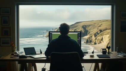 Fototapete - Man working remotely at desk overlooking ocean view.