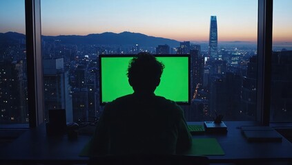 Aufkleber - Person silhouetted against cityscape, working on computer with green screen.