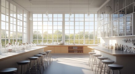 Leinwandbilder - Sunlit laboratory with glassware, counters, stools, and large windows overlooking trees.