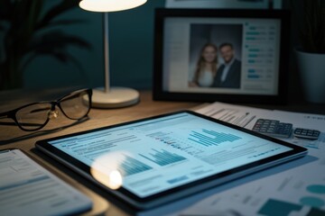 Aufkleber - Tablet displaying financial data on a desk at night, with glasses and a photo frame.