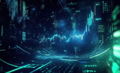 Aufkleber - Abstract futuristic cityscape with glowing teal data streams and stock market charts.