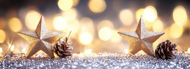 Poster - Festive gold stars with pine cones on glitter, bokeh lights background.