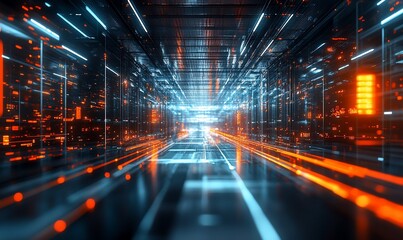 Poster - A futuristic digital corridor illuminated by glowing lines and particles.