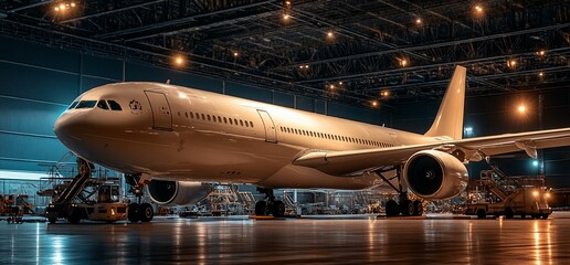 Poster - A large aircraft inside a well-lit hangar, showcasing aviation maintenance.