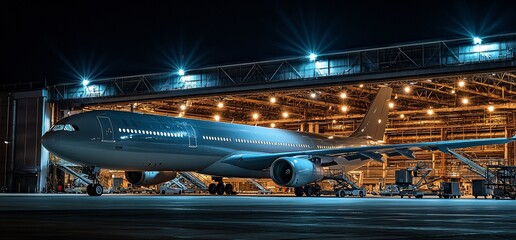 Poster - A large aircraft parked at night outside a hangar, illuminated by lights.