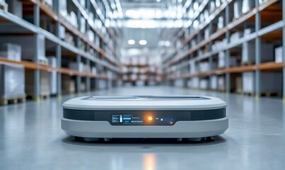 Poster - A robotic device positioned in a warehouse aisle for automated tasks.