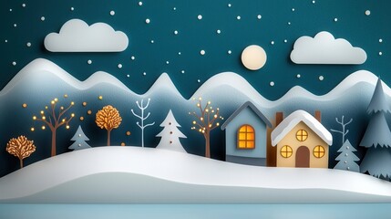 Wall Mural - Cozy winter landscape with snowy mountains illuminated cottages and a starry night sky  Peaceful serene and tranquil rural scene with a festive holiday atmosphere  Ideal for use as a digital art