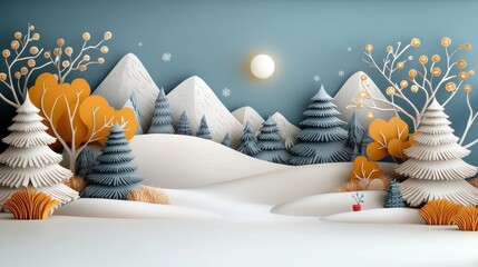 Wall Mural - Enchanting snowy landscape with illuminated mountain pines a crescent moon and a starry night sky  This whimsical fairytale like winter scene evokes a sense of wonder and tranquility