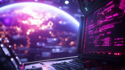 Futuristic computer screen displays global network data.