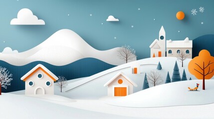 Wall Mural - Idyllic snowy winter landscape featuring a quaint village nestled among snow capped mountains with a clear sky dotted with stars and a crescent moon  The cozy cottages and homes create a peaceful