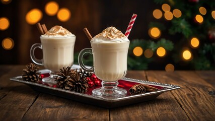 Wall Mural - bourbon eggnog served on a wooden table with Christmas theme