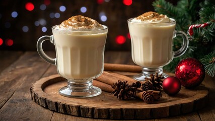 Wall Mural - bourbon eggnog served on a wooden table with Christmas theme