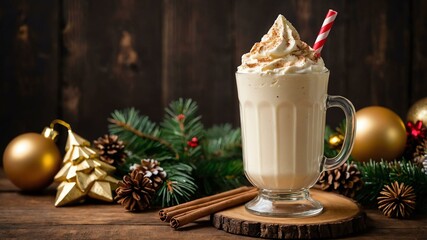 Wall Mural - eggnog milkshake served on a wooden table with Christmas theme