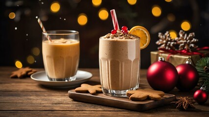 Wall Mural - gingerbread smoothie served on a wooden table with Christmas theme