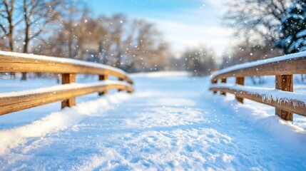 Wall Mural - Peaceful Winter Wonderland Snowy Footbridge in Serene Forest Landscape