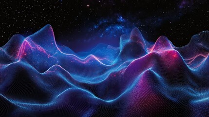 Wall Mural - abstract glowing neon landscape with starry night sky.