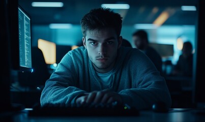 Poster - A focused young man working on a computer in a dimly lit environment.