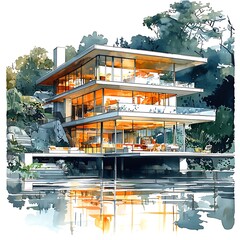 Wall Mural - Watercolor Painting of a Modern Glass House on a Lake Surrounded by Lush Greenery.