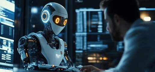 Poster - A humanoid robot interacts with a person in a high-tech environment.