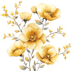 Sticker - Watercolor Painting of a Delicate Bouquet of Golden Yellow Flowers and Grey-Green Leaves on White Background.