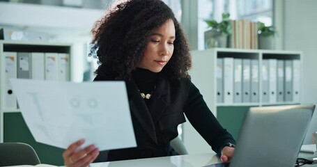 Fototapete - Accounting, documents and laptop with business woman in office for financial or wealth management. Banking, bookkeeping or report with accountant at desk in workplace for portfolio or savings review
