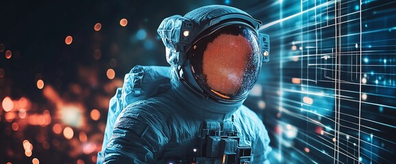 Poster - Astronaut in a digital landscape, merging space exploration with technology.