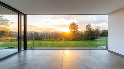 Wall Mural - Modern Interior with Glass Balcony Overlooking Sunset Landscape