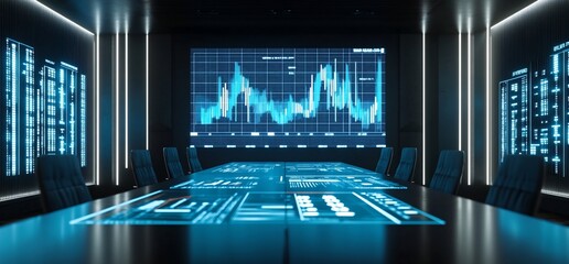 Poster - Modern conference room with digital displays for data analysis and presentations.