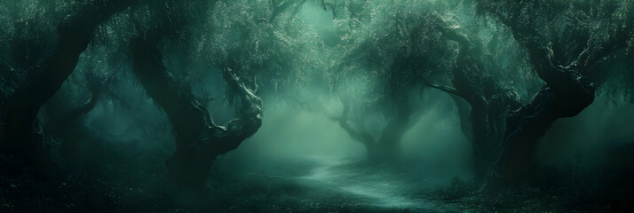 Wall Mural - Enigmatic Path Through a Mysterious, Fog-Shrouded Forest, Ancient Trees Guard a Secret, Winding Deeply into the Verdant Gloom.