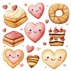 Canvas Print - Watercolor illustration of cute heart-shaped cookies and cakes perfect for Valentine's Day designs.