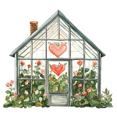 Canvas Print - Watercolor painting of a charming greenhouse filled with roses and adorned with hearts.