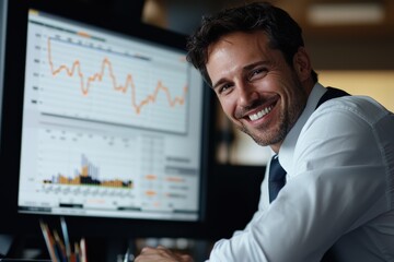 Leinwandbilder - A graph on a screen showing upward trends, with a businessman smiling in the foreground.