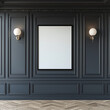 © Mavita - stylish black gallery wall featuring elegant sconces and blank frame, perfect for showcasing art