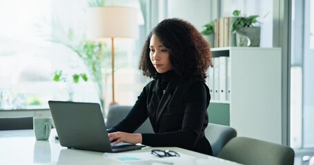 Fototapete - Laptop, typing and business woman in office for planning, review update or reading compliance feedback. African worker, computer and writing email for policy development, rules or regulation report