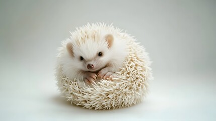 97. A white hedgehog curled up in a ball on a pristine white surface