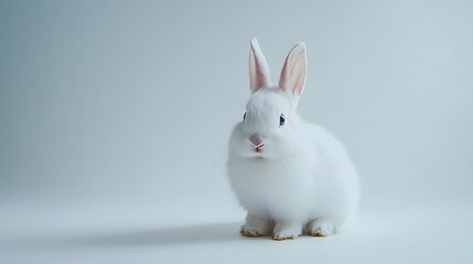Wall Mural - 2. A fluffy white rabbit sitting calmly against a clean white backdrop