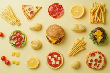 Poster - Abstract silhouettes of burgers, pizza slices, and fries create a vibrant composition on a bright yellow surface, showcasing fun food elements. Generative AI