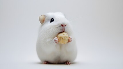Wall Mural - 12. An adorable white guinea pig nibbling on a treat against a white background