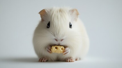 Wall Mural - 12. An adorable white guinea pig nibbling on a treat against a white background