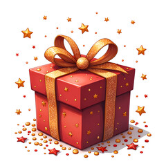 Bright red gift box adorned with golden stars and bows for celebratory occasions, digital art of celebration concept.