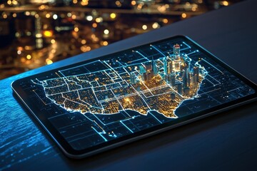 Poster - A glowing state map displayed on a tablet, with cities highlighted in vivid colors.