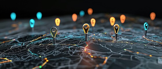Fototapete - A digital map with pinpointed real estate listings glowing in vibrant colors.