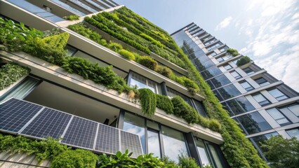 Wall Mural - Green building embraces photovoltaic panels and vertical garden promoting eco friendly architecture, renewable energy, and urban sustainability against a clear blue sky