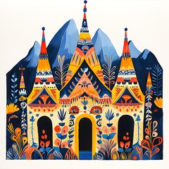 Wall Mural - Whimsical Folk Art Castle Illustration with Vibrant Colors and Mountain Backdrop.