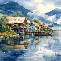 Wall Mural - Serene Watercolor Painting of Stilt Houses on a Calm Lake Surrounded by Lush Mountains.