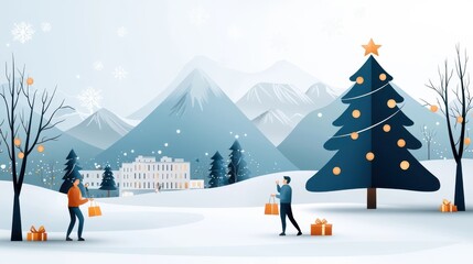 Wall Mural - Snowy serene winter landscape with majestic mountains pine forest and a beautifully decorated Christmas tree surrounded by gift boxes  Peaceful cozy atmosphere perfect for holiday and festivities