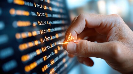 Wall Mural - close up of a human finger touching an illuminated digital interface or control panel highlighting t