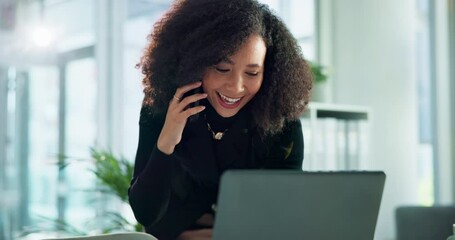 Aufkleber - Business, woman and happy on laptop with phone call at office with financial feedback as accountant. Female person, employee and smile or satisfied on discussion with auditing report or profit growth