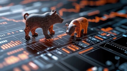 Wall Mural - of a futuristic digital finance dashboard with abstract robotic bear and bull figures on a high tech